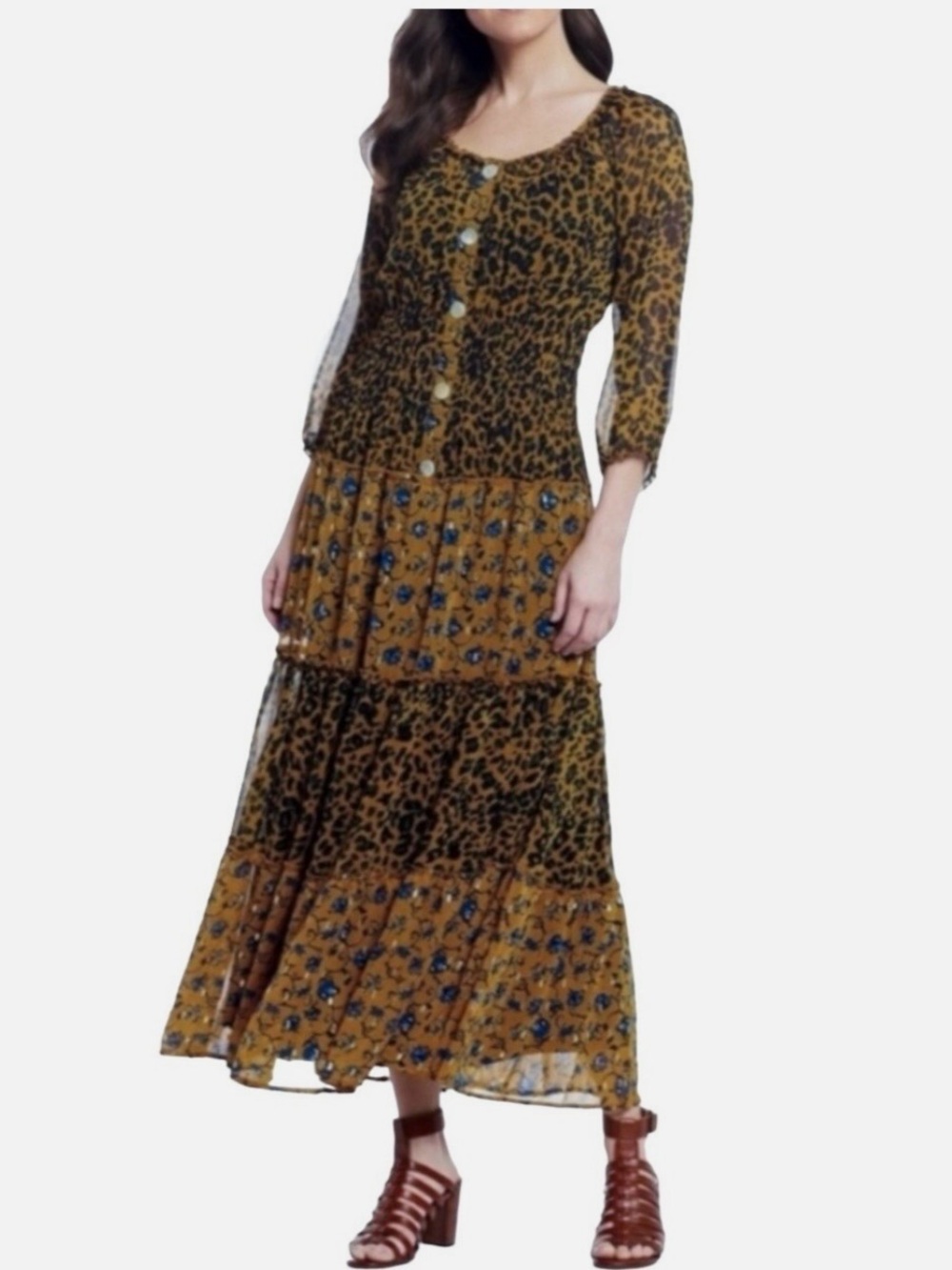 Anthropologie Figueroa & Flower Maxi Leopard & Floral Tiered Semi-Sheer DRESS 2X